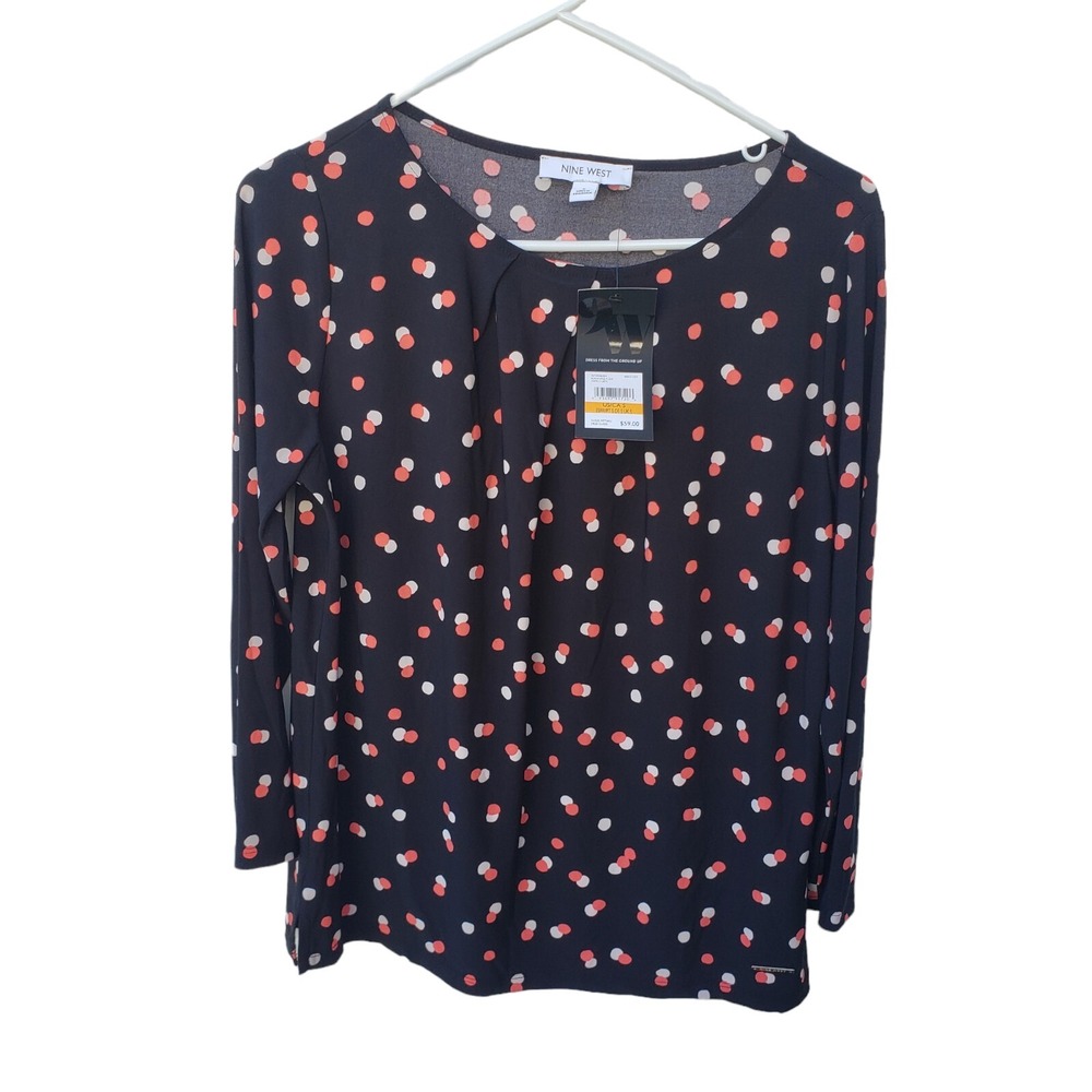 Women Top Shirt Blouse Black Polka Dot Size S Nine West NWT Long Sleeve MSRP $59